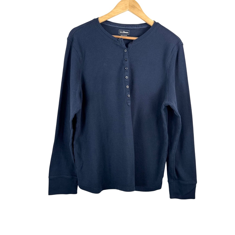 LL Bean Henley 2X Plus Navy Blue Waffle Knit Thermal Long Sleeve Top